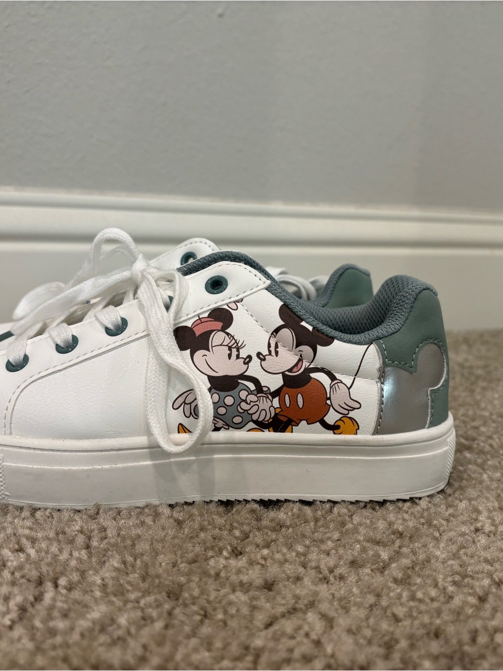 Disney White Kids Sneakers with Mickey & Minnie Graphic and Green Heel